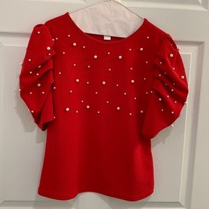 Women’s Elegant Pearl Embellished Puff Sleeve Top Size Large